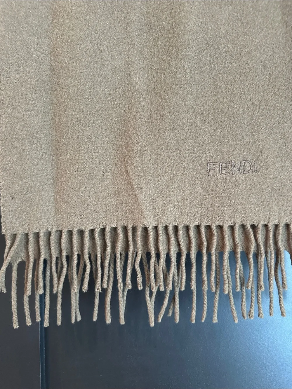 Fendi Brown Camel Fringed Logo Scarf